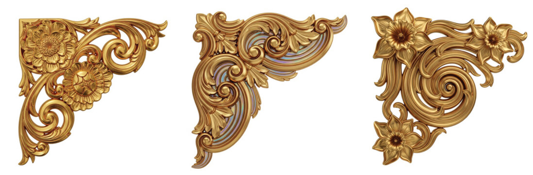 Collection of luxurious gold corner design elements, showcasing intricate baroque ornamentation and elegant rococo swirls for classic decor