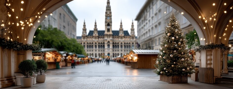 Beautiful holiday market under archway in Vienna with decorated Christmas tree and gothic-inspired town hall in the background during twilight hours