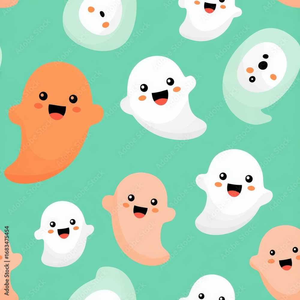 Poster colorful ghost characters with cheerful expressions on green background