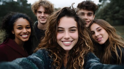 Fototapeta premium A group of joyful young friends with diverse backgrounds taking a candid selfie outdoors in a park smiling happily at the