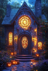 Gothic Halloween Haunted House with Stained Glass Windows