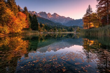 A crystal-clear autumn lake reflecting fiery trees in its tranquil waters, surrounded by a lush forest.