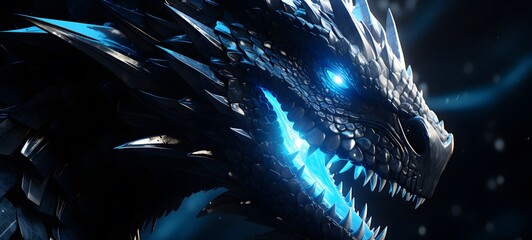 The black background contrasts sharply with the bright blue silver light emitted by mummy dragon , generative AI