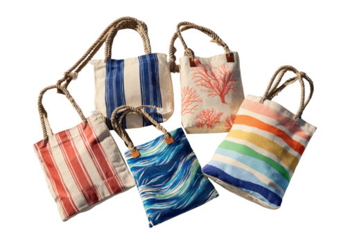 Assorted tote bags with nautical and beachy patterns