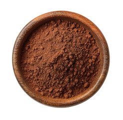 Dark brown cocoa powder in wooden bowl