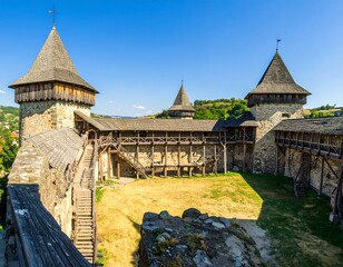 A high-angle view of a medieval wooden castle courtyard, showcasing intricate wooden structures and stone walls against a clear blue sky.