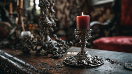 A candle is lit on a silver candle holder