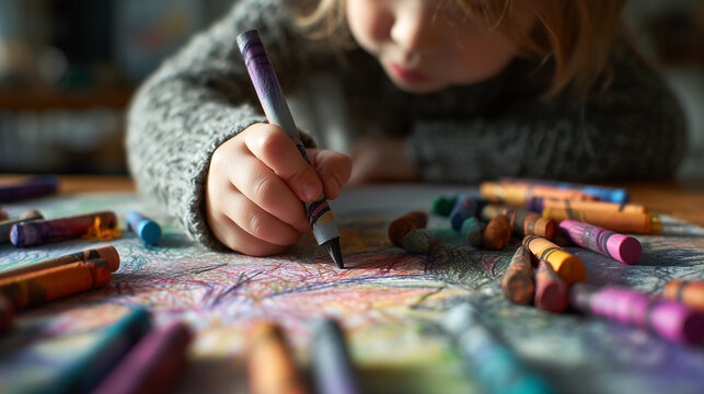 A child is drawing with crayons on a table