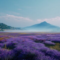 Obraz premium Lavender field at dawn, mountains in the distance