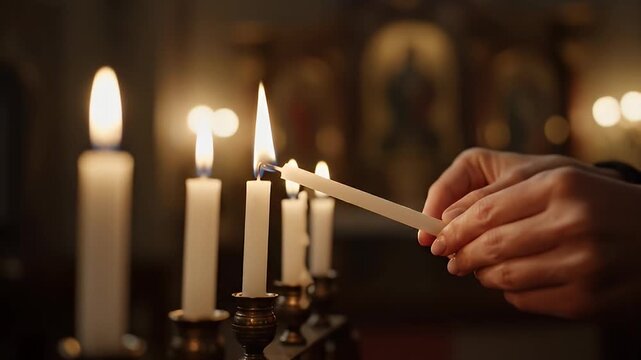 Hands lighting candle in church