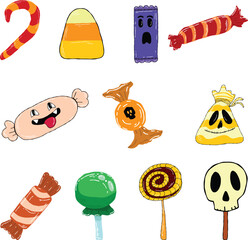 Set of cartoon-style Halloween candy hand-drawn drawing.