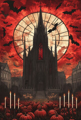 Gothic Halloween Haunted House with Stained Glass Windows
