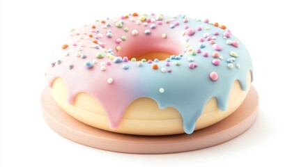 Bright studio display of colorful donut with pastel icing and nonpareil sprinkles sweet treat concept