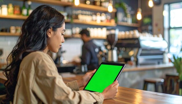 Young woman with long dark hair using a tablet with a green screen in a modern cafe, with a barista working in the background.
