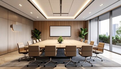 Modern, spacious conference room with a large wooden table, brown chairs, a projection screen, and floor-to-ceiling windows offering city views.