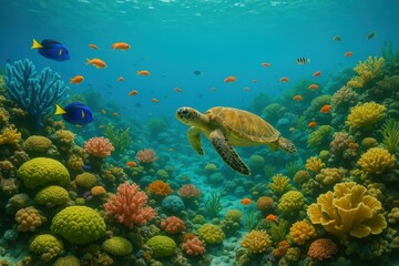 Fototapeta premium Underwater paradise coral garden with tropical marine life swimming through pristine turquoise waters