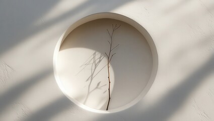 A delicate, dried branch rests within a circular recess in a light beige wall, casting soft shadows.
