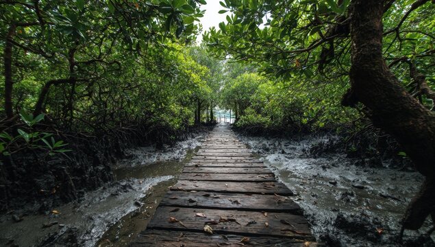 Lush mangrove boardwalk path