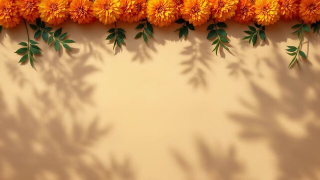 Orange chrysanthemum flowers and green leaves create a decorative border on a beige backdrop, casting elegant shadows
