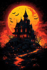 Gothic Halloween Haunted House with Stained Glass Windows