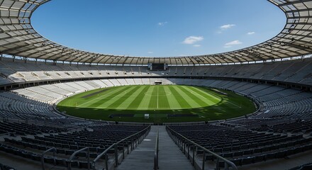 Fototapeta premium Modern empty stadium with fresh green field and grandstands under clear sky sports arena architecture venue waiting for game event 