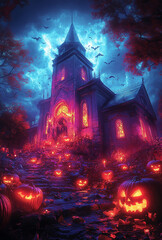 Gothic Halloween Haunted House with Stained Glass Windows