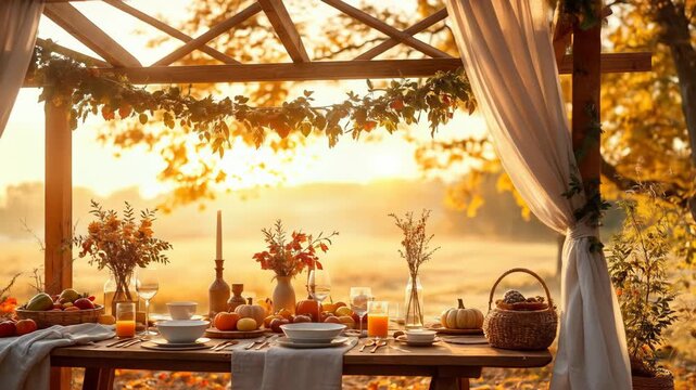 Sukkah decorated for sukkot with autumn harvest fruits, vegetables, and flowers at sunrise