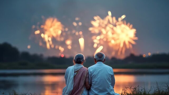 Elderly indian couple enjoying dussehra fireworks display