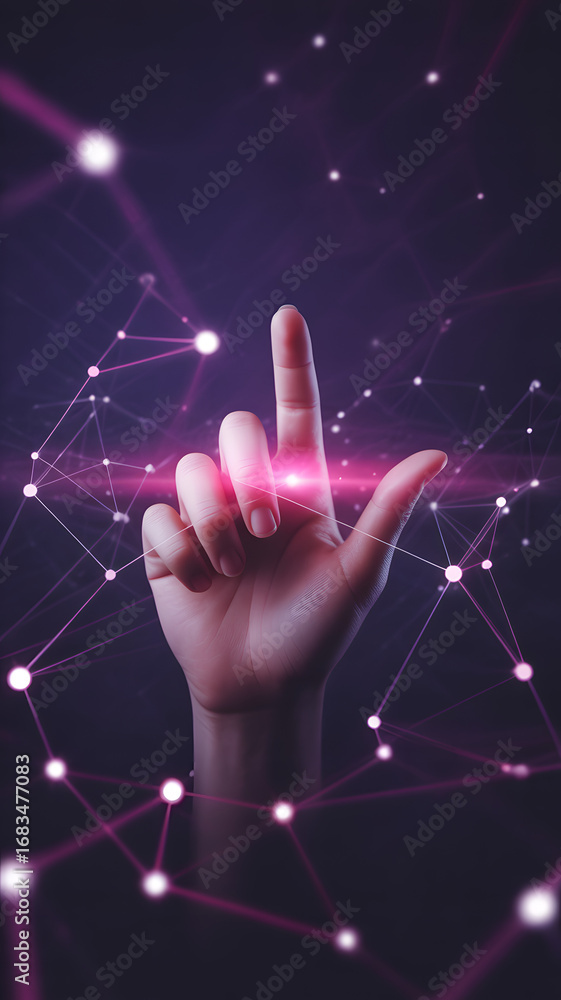 Poster digital touch: a hand reaches out to interact with a digital network, conveying concepts of connecti