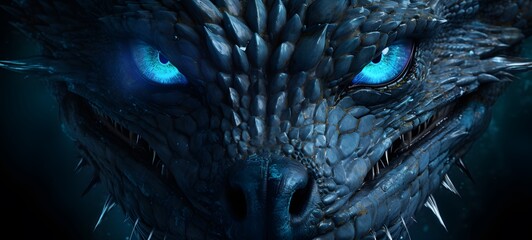 The black background contrasts sharply with the bright blue silver light emitted by mummy dragon , generative AI