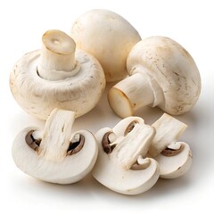 Fresh white champignon mushrooms, whole and sliced, isolated on a white background, Photorealistic image - Generative AI
