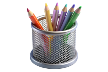 Colorful pencils in a silver metal mesh pencil holder on a solid surface
