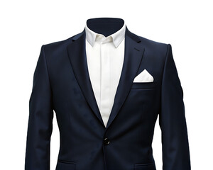 Dark navy blue suit with white shirt and pocket square isolated on a transparent background