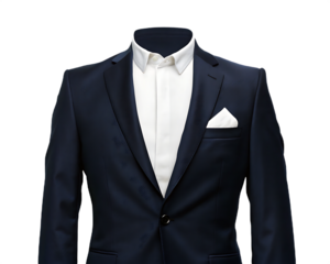 Dark navy blue suit with white shirt and pocket square isolated on a transparent background