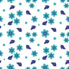 Fresh Blue and Green on White  Floral and Feather Seamless Repeat