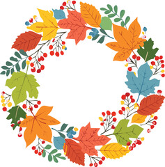 Autumn wreath made of colorful leaves and berries 