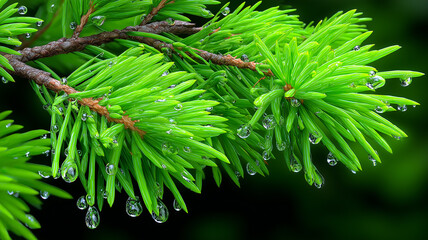A vibrant close-up of fresh pine needles covered in sparkling dew drops, showcasing bright green textures and natural beauty in a peaceful forest setting.