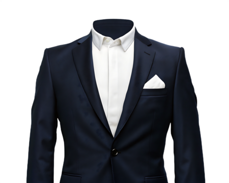 Dark navy blue suit with white shirt and pocket square isolated on a transparent background