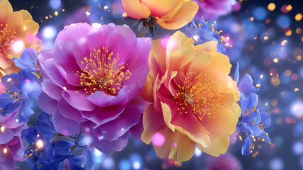 vibrant fantasy flowers in vivid pink, purple, and golden tones glow against a dreamy bokeh background, creating an elegant and enchanting botanical scene full of light and color.