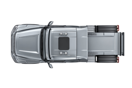 Overhead view of a silver semi-truck.  Features a cab, flatbed, and large tires.  The image is a detailed, high-angle shot of the vehicle