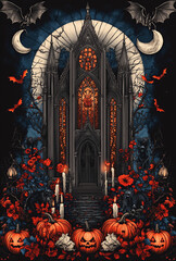 Gothic Halloween Haunted House with Stained Glass Windows
