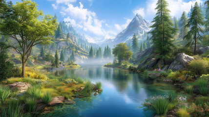 A breathtaking fantasy landscape with a large, majestic mountain range reflected in a perfectly still, serene lake, under a mystical sky.