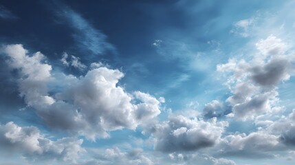 Fototapeta premium Vast blue sky filled with beautiful fluffy white and grey clouds on a clear sunny day creating a serene and expansive natural scene