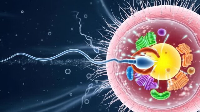 Microscopic Journey - Sperm Approaching and Fertilizing Egg in Stunning Biological Animation.