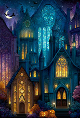 Gothic Halloween Haunted House with Stained Glass Windows