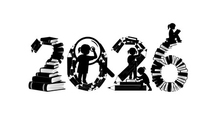 Inspiring children discover knowledge and creativity with books and pencils, celebrating the year 2026 and future educational journeys.