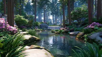 A serene forest river surrounded by tall pine trees and blooming flowers, reflecting the peaceful beauty of untouched nature in a tranquil woodland setting.