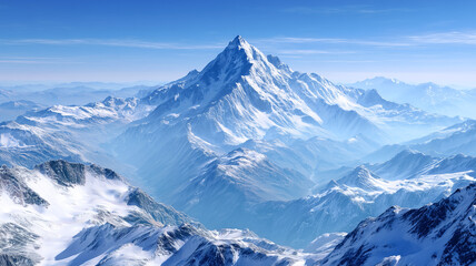 Majestic snow-covered peaks rise under a clear blue sky, showcasing the breathtaking beauty and serenity of a winter mountain landscape.