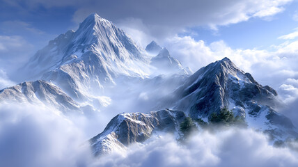 Majestic snow-covered peaks rise under a clear blue sky, showcasing the breathtaking beauty and serenity of a winter mountain landscape.