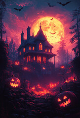 Gothic Halloween Haunted House with Stained Glass Windows